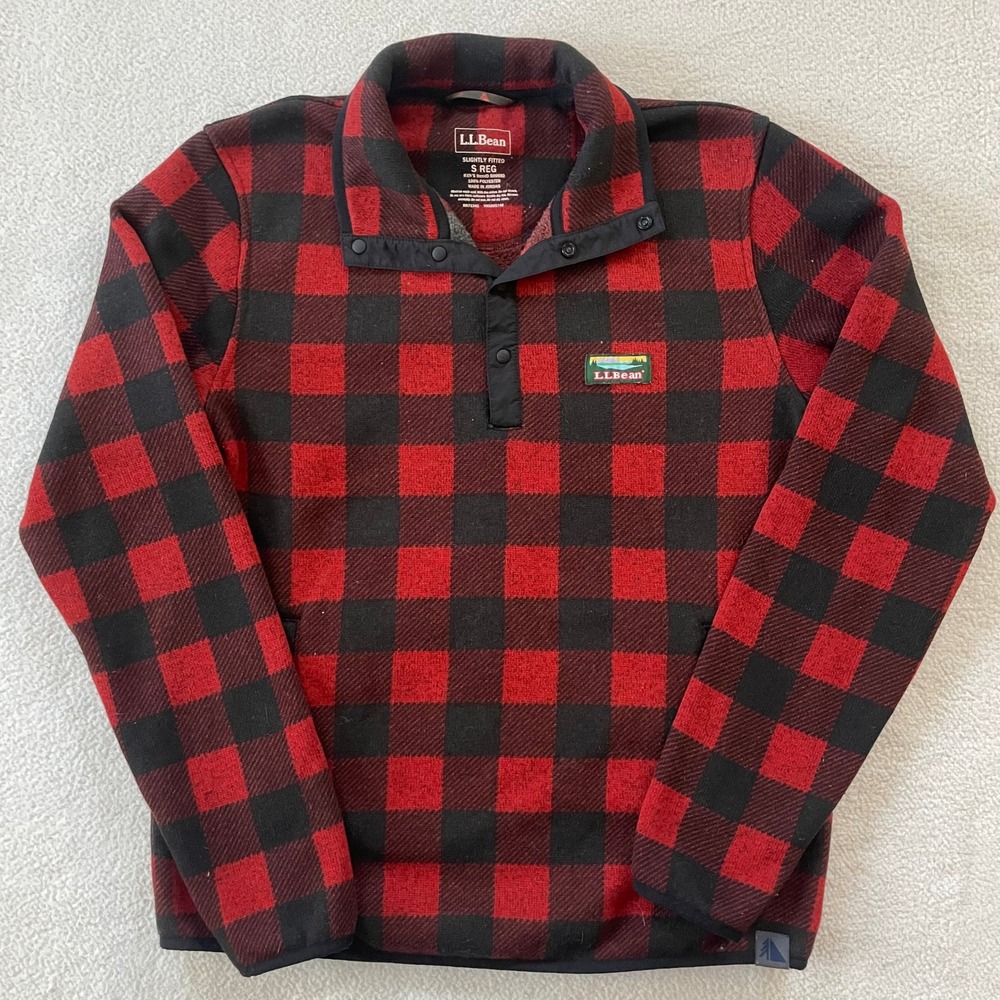 LL Bean‎ Fleece Pullover Mens Small Red Black Buffalo Plaid Snap Neck 500682